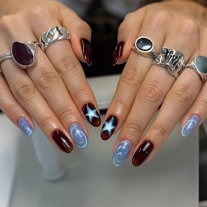 24 Pcs Y2K Short Almond Press On Nails With Shiny Cat Eye And Five Pointed Star Pattern Detachable Fake Nails