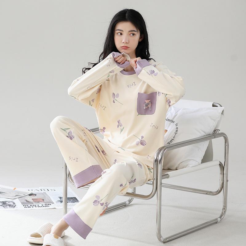 Cotton Pajamas Set Women Loose Fit Sleepwear Long Sleeve Two-Piece Loungewear Home Wear Comfortable Outfit Plus Size Options Breathable Fabric
