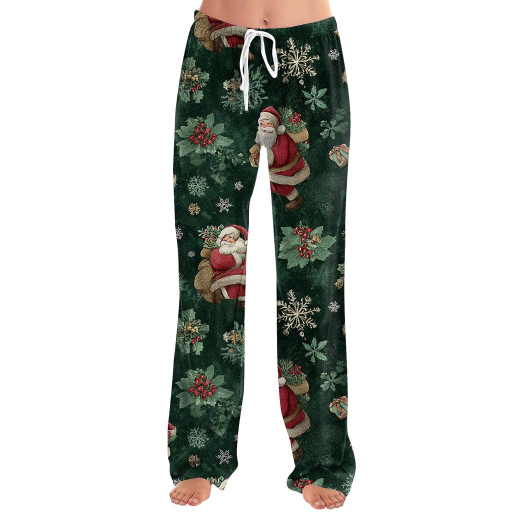Ladies' Loose And Casual Christmas Printed Wide Leg Pants With Elastic Waistband Drawstring And Pocket Pants