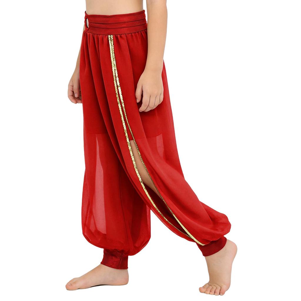 Shorts de Danse du Ventre pour Filles Chiffon Anneau O Taille Froncée Pantalon à Fente Latérale Costume d'Halloween Carnaval