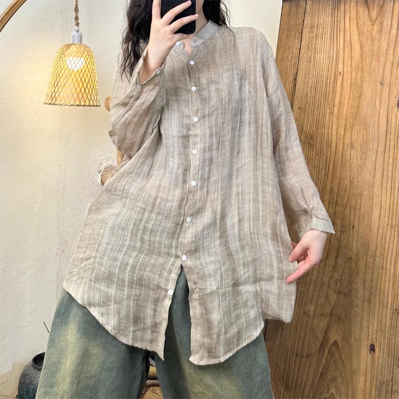 

2026 Spring/Summer Casual Stand Collar High-End Ramie Buttoned Shirt XXL абрикосовий