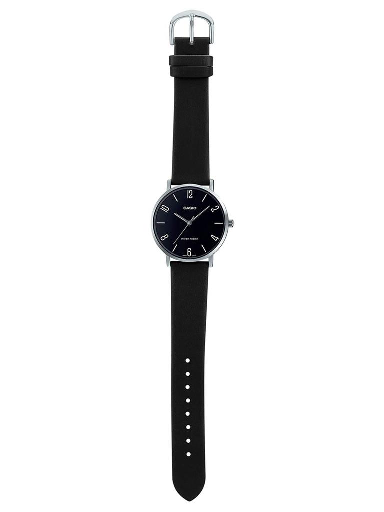 Casio Minimalist Black Dial Analog Watch with Black Leather Analog Watch with Quartz MTP-VT01L-1B2 Men's Band, White. Movement.