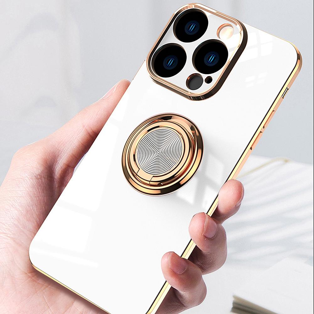 

Precise Cutout Soft TPU Phone Case For iPhone 14 6.1 inch,Ring Holder Kickstand 9D Electroplating Mobile Phone Back Cover White