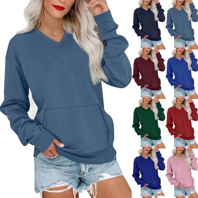 Γυναικείο Casual Μόδα Μονόχρωμο Μπλουζάκι με V Λαιμόκοψη και Μακρύ Μανίκι Ελαφρύ Πουλόβερ με Τσέπες Μπλουζάκι