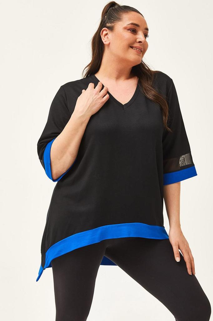 Women's Big Size Blouse Plus Size Black-Green Blouse with Tulle Detail On Sleeves and Skirt