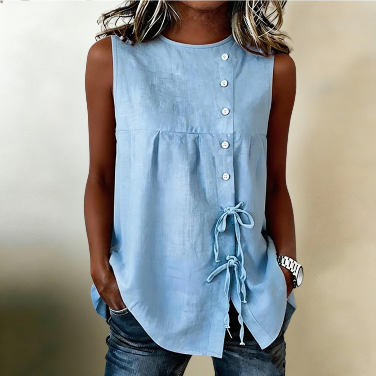 

Women Loose Sleeveless Blouses Casual Tie Side Linen Tank Tops XL небо синє кольору