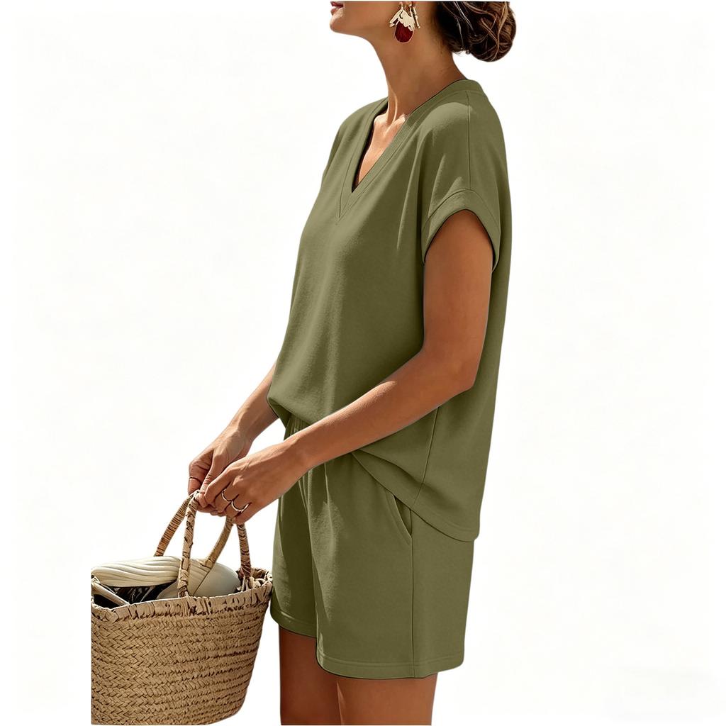Completo Due Pezzi da Donna con Top a Manica Corta e Pantaloncini Vestibilità Larga Scollo a V Abbigliamento Rilassato per Uso Quotidiano
