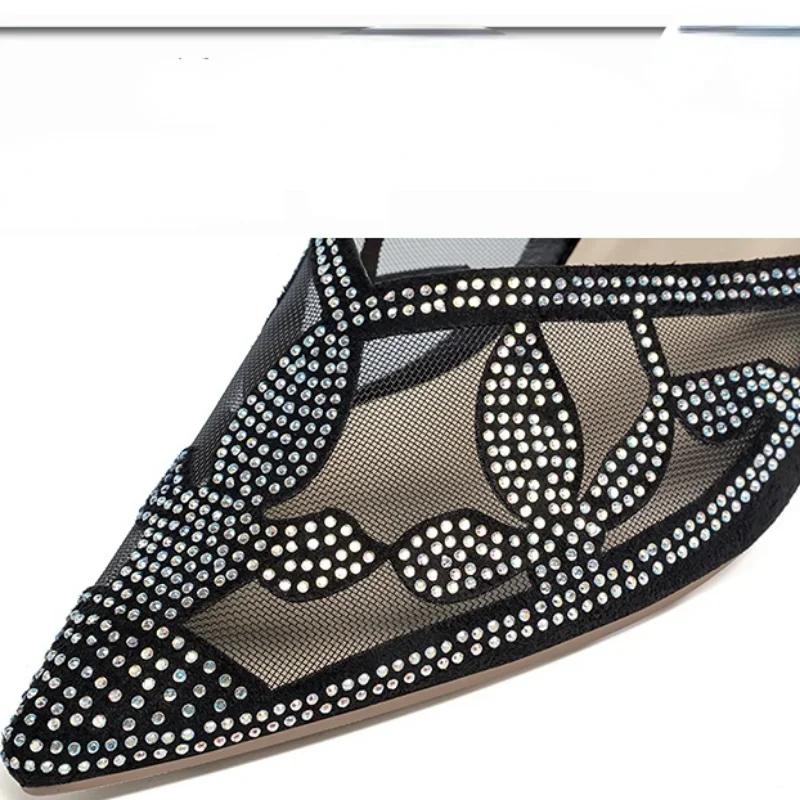Fashion Summer Concise Women Mules Shoes High Heels Woman Slippers Wedding Sandals Women Shoes Fashion Rhinestone Mesh Lace Flip Flops