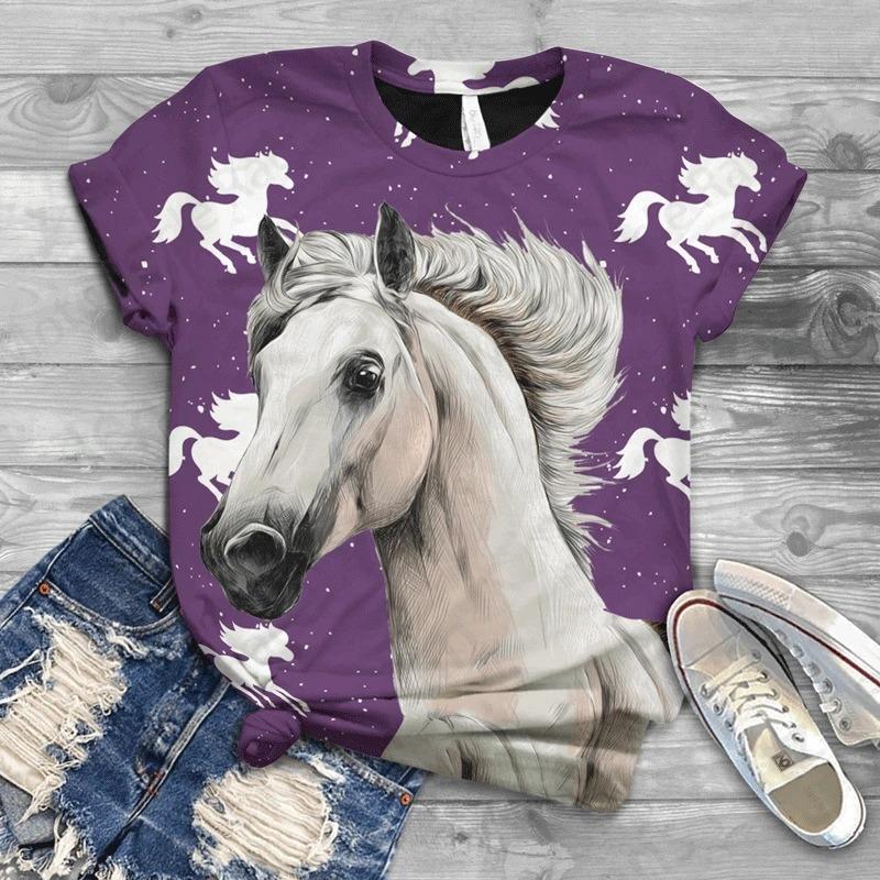 Women T-shirt 3d Horse Print Tshirt Women Fashion Crew Neck Short Sleeve T-shirt Animal Graphic T Shirt Ladies Tops Tees