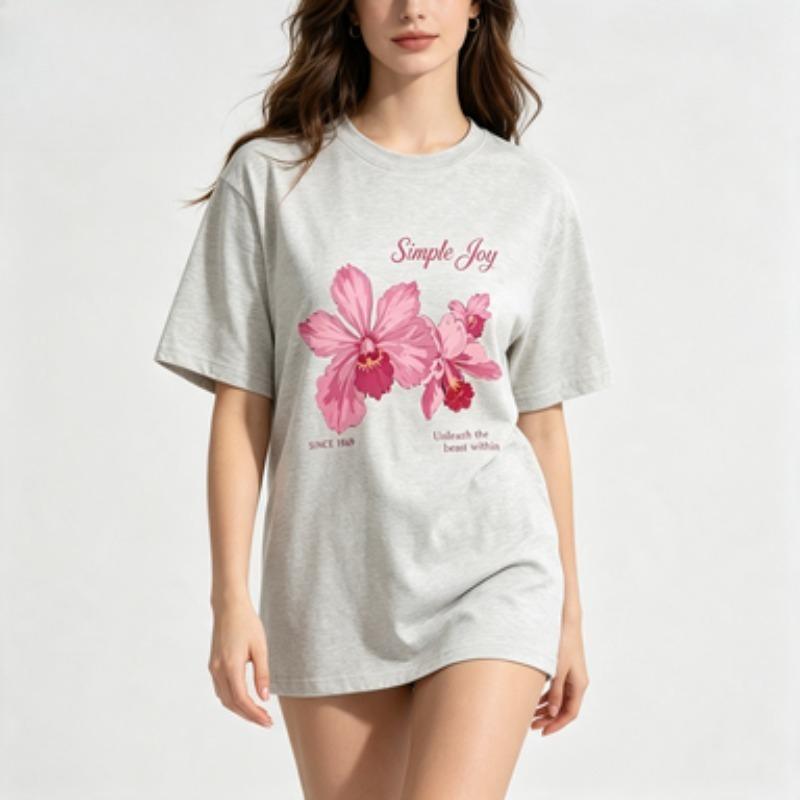 Vintage Flower Unisex Cotton T Shirt Pink Orchid Letter Graphic Aesthetic Casual Loose Fit Crew Neck Short Sleeve Tops