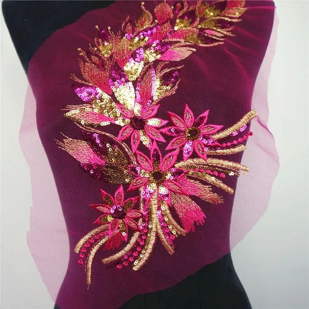 Blue Black Gold Embroidered Floral Patches DIY Sequins Patches  Wedding Gown Decoration DIY