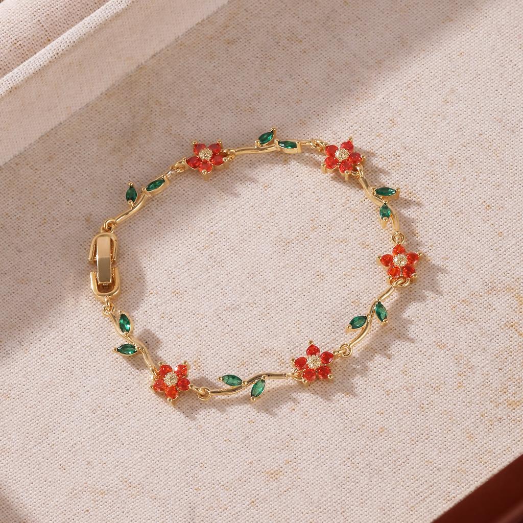 Elegant Multiple Color Flower Charm Zircon Branch Leaf Bracelet Dopamine Niche Sense 18K Gold Plated Women's Bangle Gifts 2