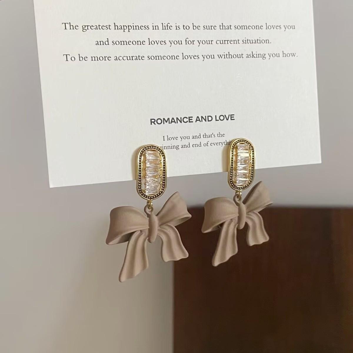 Elegant Brown Zircon Bow Stud Earrings - French Retro Luxury Style