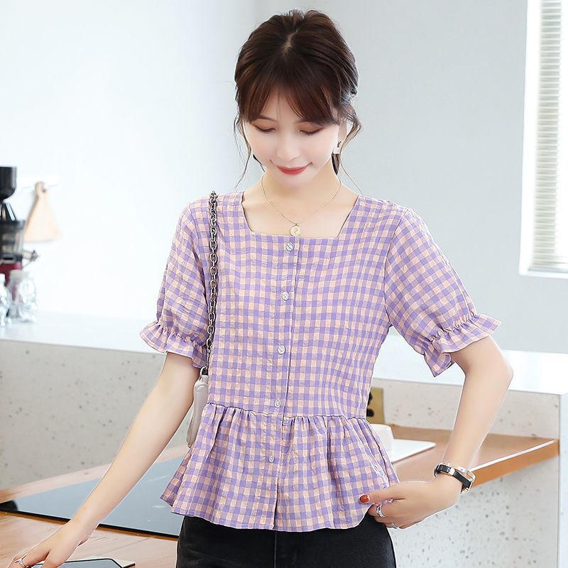 

WTEMPO Брендовые летние женские топы больших размеров, модные повседневные, с короткими рукавами, клетчатые рубашки, милые футболки с квадратным вырезом 4XL фиолетовый