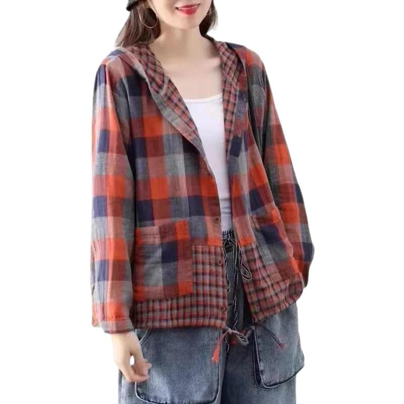 Spring Autumn Cotton Korean Fashion Women Spring Loose Hooded Plaid Shirts Ladies Linen Casual Blouses Females Classic Oversized Tops