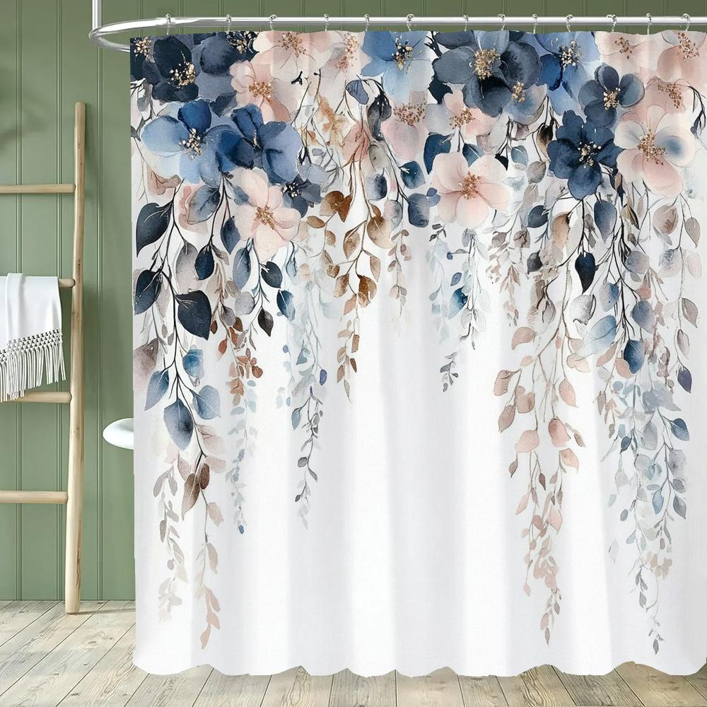 Watercolor Bohemian Floral Shower Curtain, Blue Floral, Waterproof Bathroom Curtain, Decorative Fabric Home Curtain With Hooks