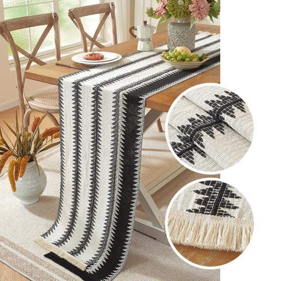 Bohemian Table Runner Knitted Table Runner with Tassels Black White Table Runner Dining Table Decoration for Farmhouse Weddings Parties
