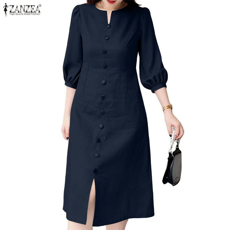 ZANZEA Women Casual V-Neck Solid Color 3/4 Sleeve Retro Dress