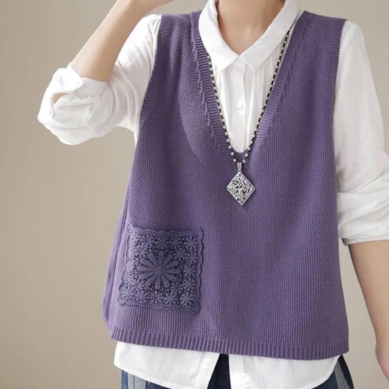 Vest for Women Cotton Summer Lace-Up Pocket Tops Knitted Sweater Vest Oversize Casual V-neck Vest