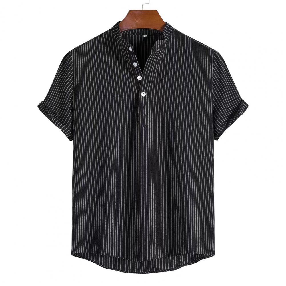 Men Summer Shirt Solid Color Stand Collar Men T-shirt Loose Buttons Short Sleeves Men T-shirt Simple Style Mid Length Men Top