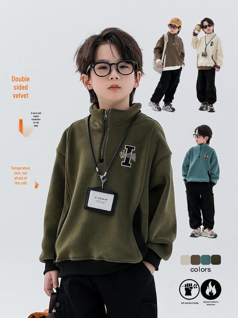 Boys' Reversible Fleece Hoodie - 2025 Autumn/Winter Collection, Thickened Half-Zip Pullover, Long-Sleeve Fashion Top for Medium/Large Kids.