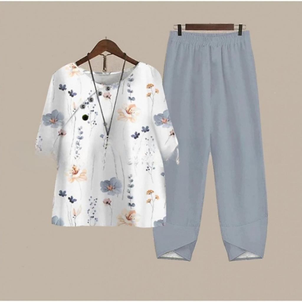 Women's Loose Fit Floral Printed Two Piece Outfit Half Sleeve T-Shirt Elastic Waist Pantsuit