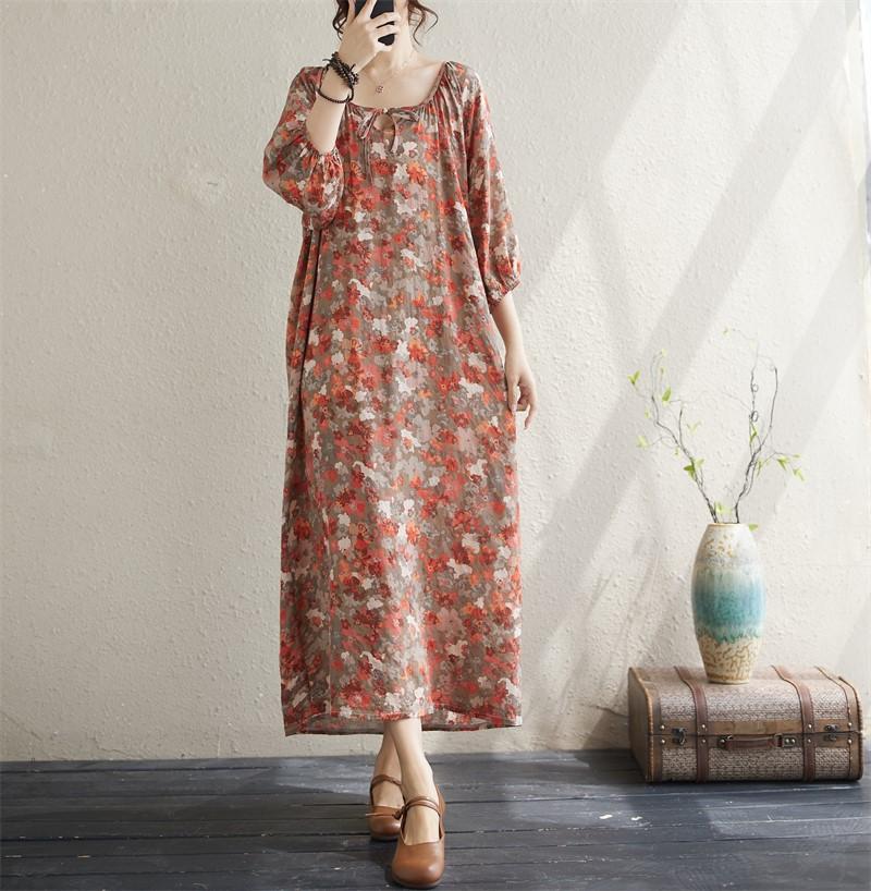 Krátký rukáv Plus size Bavlněné vintage květinové nové šaty pro ženy ležérní volné dlouhé letní šaty