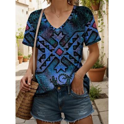 Summer Ladies V-Neck T-Shirt Geometric Graphics 3d Printing Retro Fashion Casual Oversized Women Clothing Short Sleeves