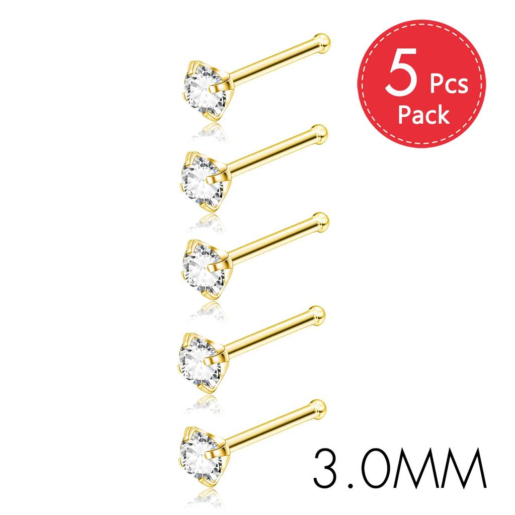 5Pcs CZ Gem Stainless Steel Nose Piercing Stud Crystal Nariz Body Jewelry S L Bone Shape Nostril Rings for Women Girl 20g 0.8mm