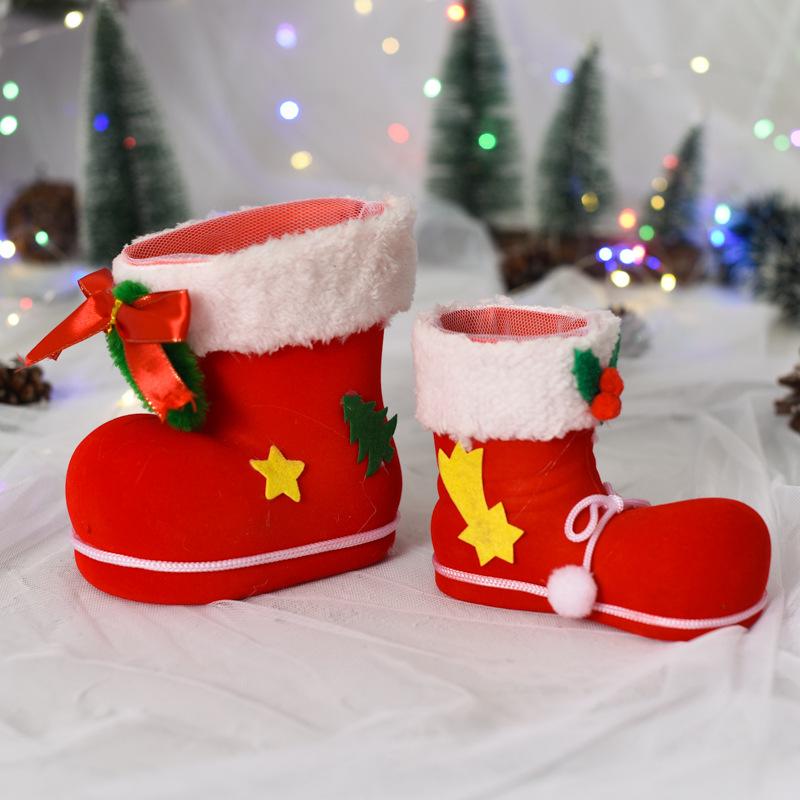 3 Sizes Christmas Candy Boots Santa Claus Flocking Boots Stockings Decorative Candy Gift Box Home Decoration Supplies