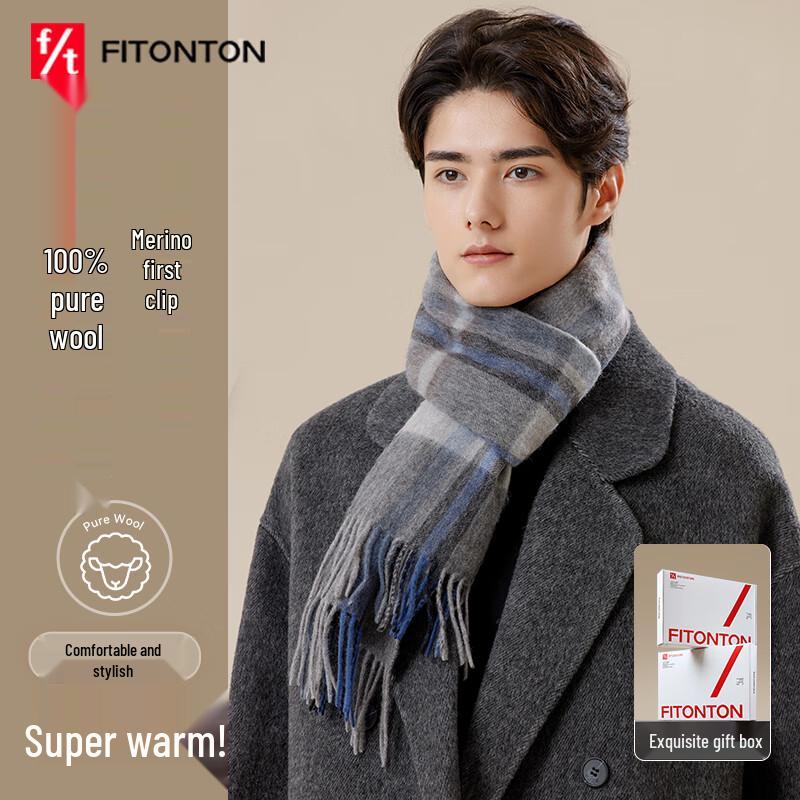 FitonTon Men's 100% Wool Plaid Scarf