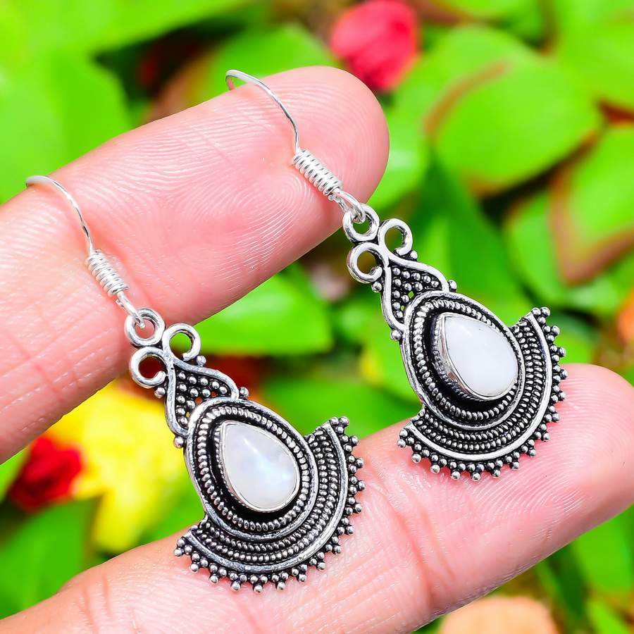 Natural Rainbow Moonstone Gemstone 925 Sterling Silver Earring 1.73" u9i36