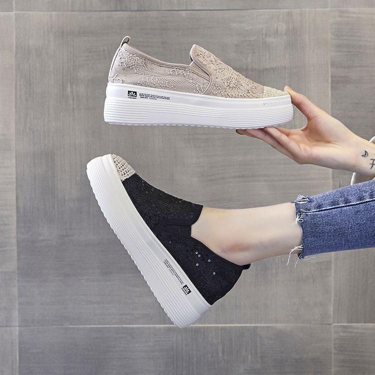 

2025 summer new lace one-pedal fisherman shoes women s shoes platform breathable loafers shallow mouth round head sandals 39 абрикосовый