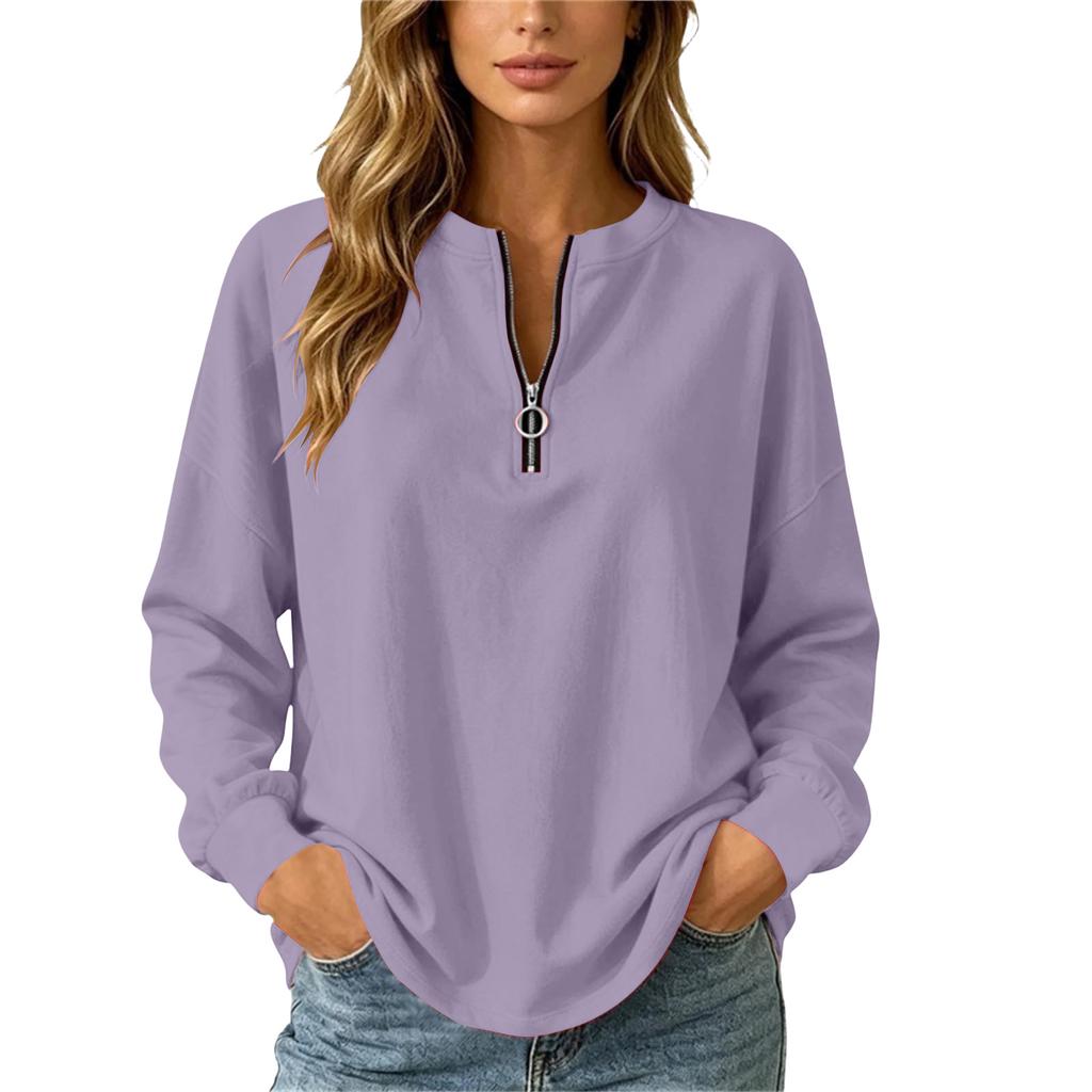 Women's Casual Loose Fit V-Neck Zip Up Long Sleeve Sweatshirt
