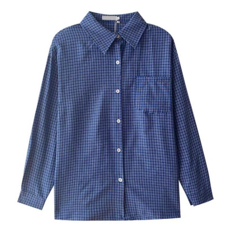 Autumn Loose Fit Plaid Shirt American Retro Style Long Sleeve Thin Top Coat Blue Versatile Fashion S