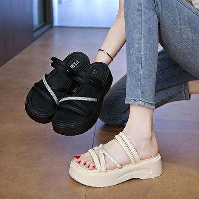 Two Wear Sandals Slippers Female Summer Fairy Rhinestone Muffin Thick Bottom Seaside A Word Drag Beach Slippers Female Fashion Women Breathable Shoes