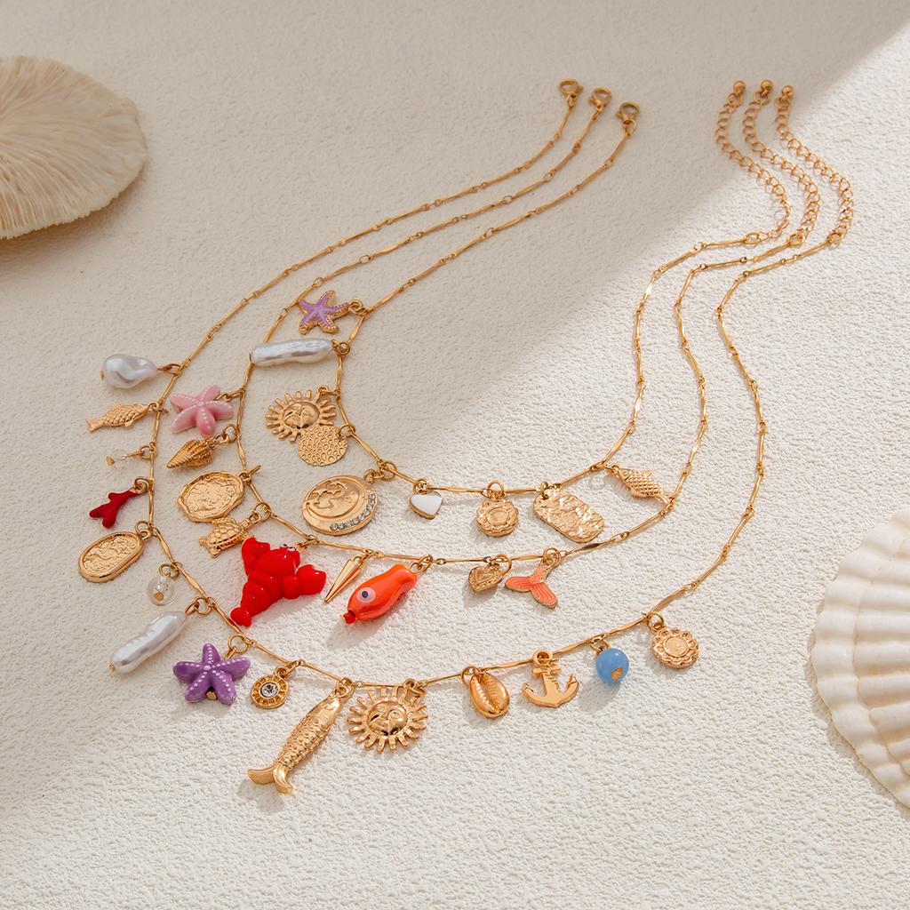 PuRui Bohemia 3Pcs/Set Gold Color Adjustable Imitation Zircon Necklace Summer Ocean Beach Various Types Pendants Necklace Zircon