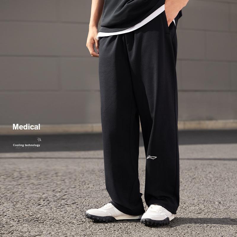 Li Ning Sports Fashion Series Ice Silk Quick-Dry Cool Thin Printed Elastic Waist Casual Straight Leg Knitted Sports Pants Men pants Black AKLU703-1