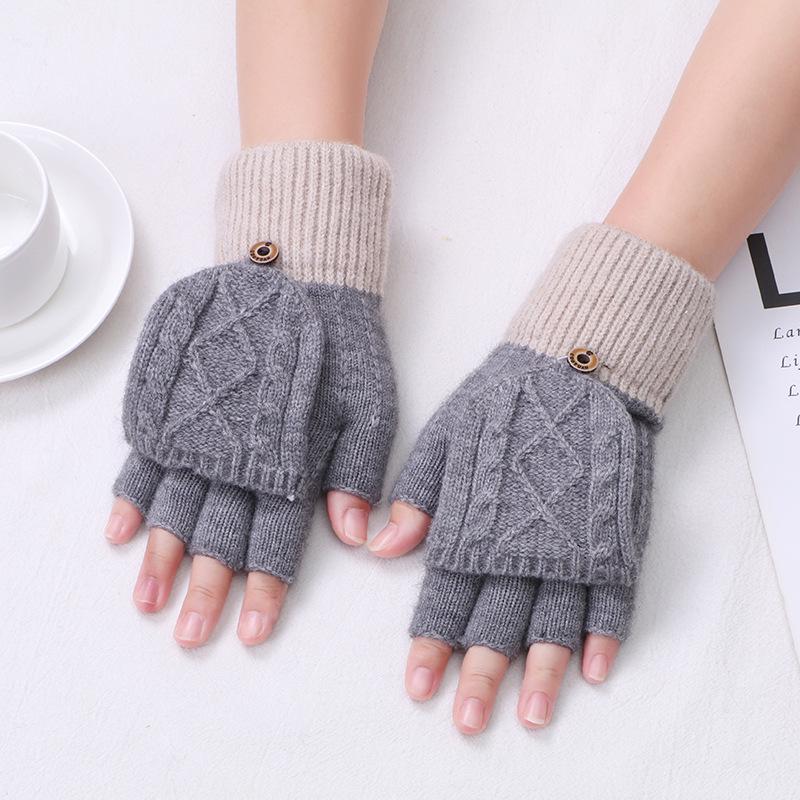 2024 Autumn New Cashmere Half-Finger Flip-Top Jacquard Knitted Gloves for Students and Couples