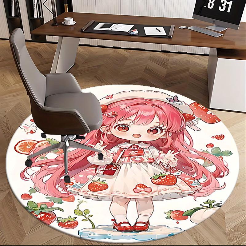 1pc Strawberry Anime Girl Round Carpet Office Chair Mat, Non Slip Rug for Home Decor, Gift, Office, Living Room, Bedroom