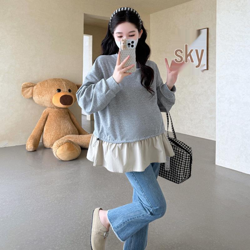 

New Autumn Maternity Loose Sweatshirt with Spliced Design & Drawstring M сірий колір