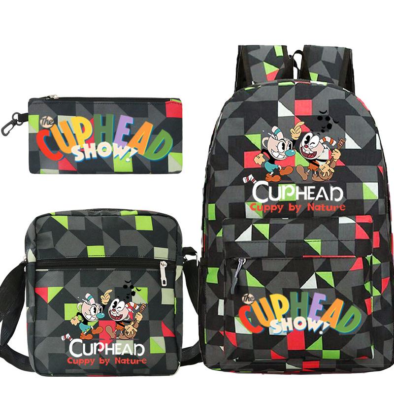 Cartoon Teacup Head Cuphead Student Backpack Oblique Span Bag Pencil Bag Primary And Secondary School Students Children'S Schoolbag Three-Piece Set
