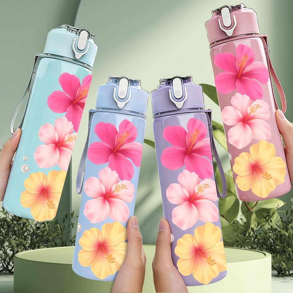 1PC Plumeria Flower Illustration 750ml Color Plastic Sports Water Bottle Leakproof Flip Straw Lid Suitable for Sports Office Home Use