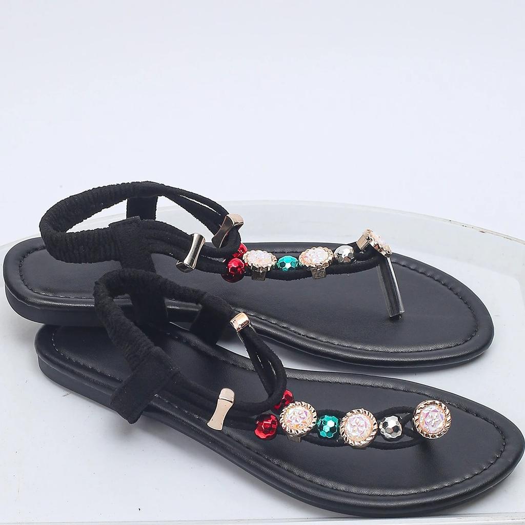 Fashion Retro Bohemian Black Girls Big Pearl Low Sandals 2025 Summer Comfort Shoes for Women Beach Sandals Suit Female Beige Large Size