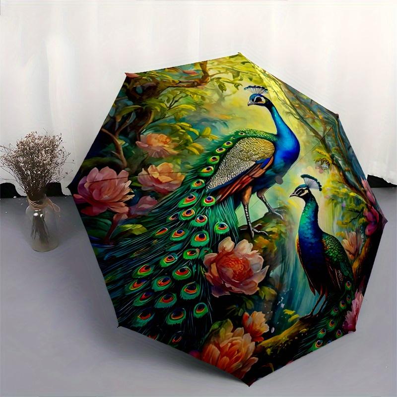 1pc Two Peacocks in Flowers Cartoon Umbrella, Portable 3-Fold Compact Umbrella, Suitable for Camping, Hiking and Travel, Ideal Easter Birthday Gi