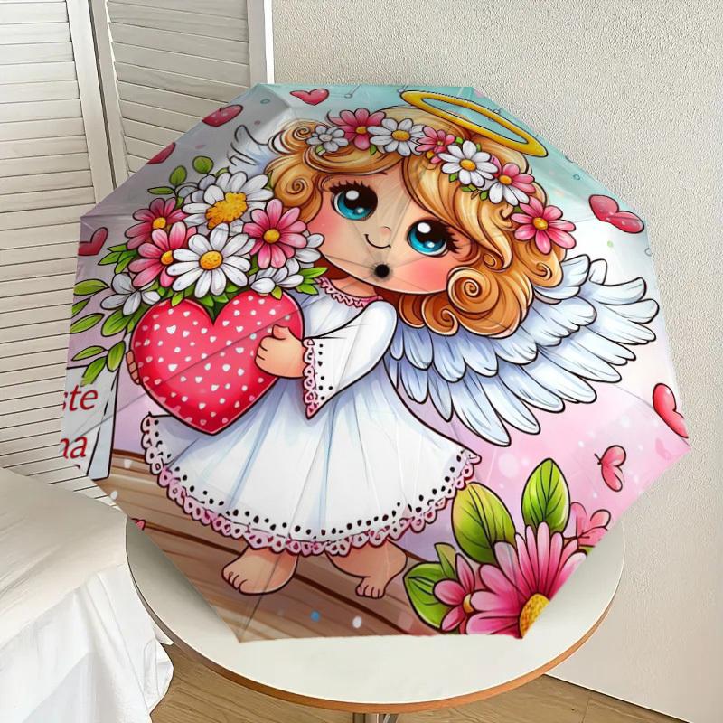 

1pc Angel with Flowers and Hearts Umbrella with Plastic Handle,Suitable for All Seasons Home Travel Outdoor UmbrellaDD408