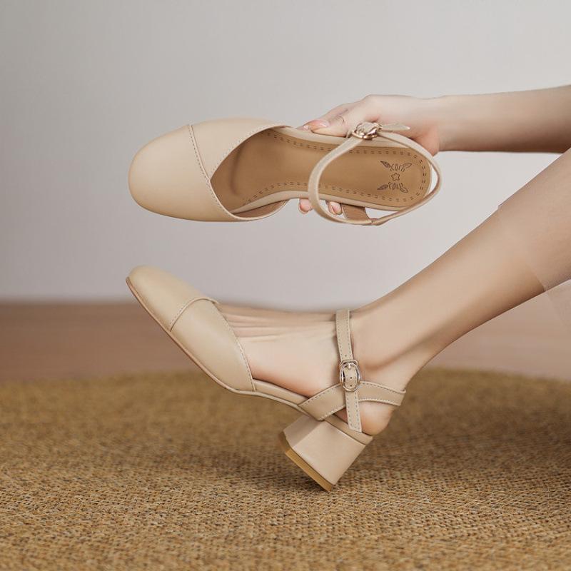 Summer women's bag head sandals casual women's high-heeled sandals solid color beef tendon soft sole new large size women's shoes square head