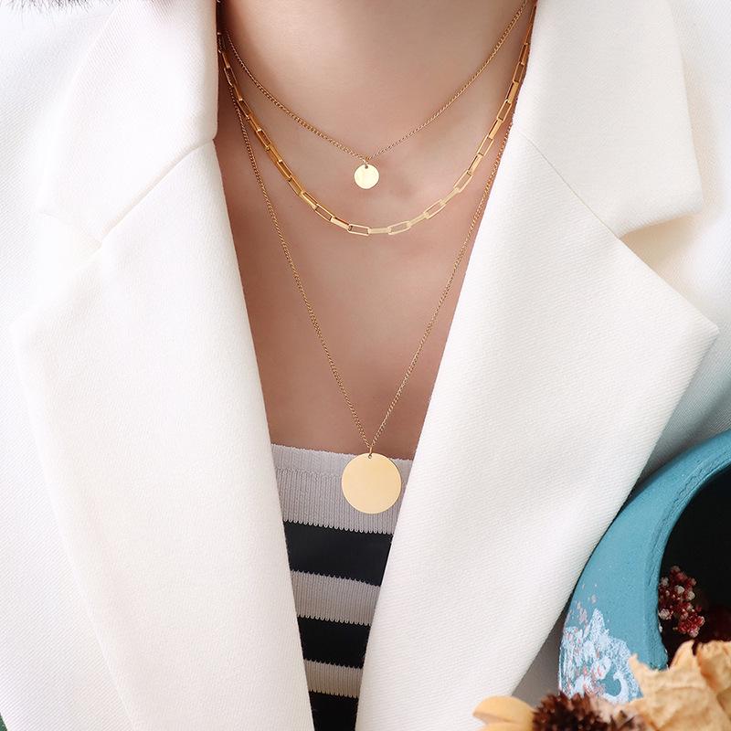 Minimalist Style Gold Titanium Three-Layer Stackable Pendant Necklace