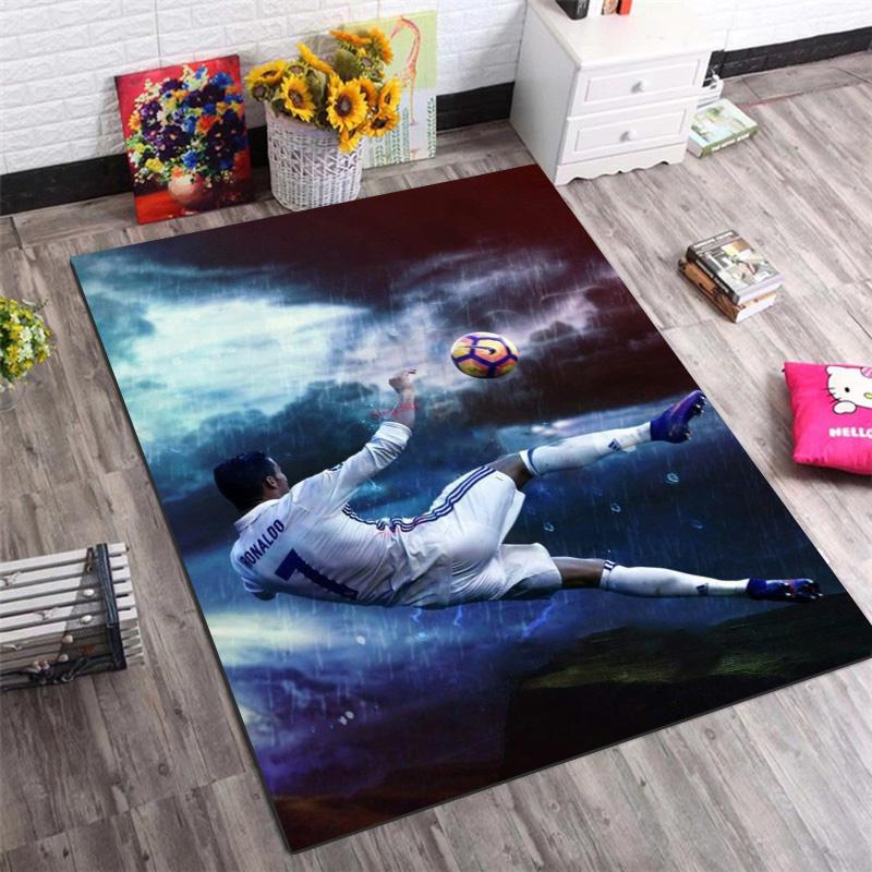 Rainy Sky Bicycle Kick Football Player Print Area Rug, Sports Fan Non‑Slip Floor Mat for Living Room Bedroom Home Decor