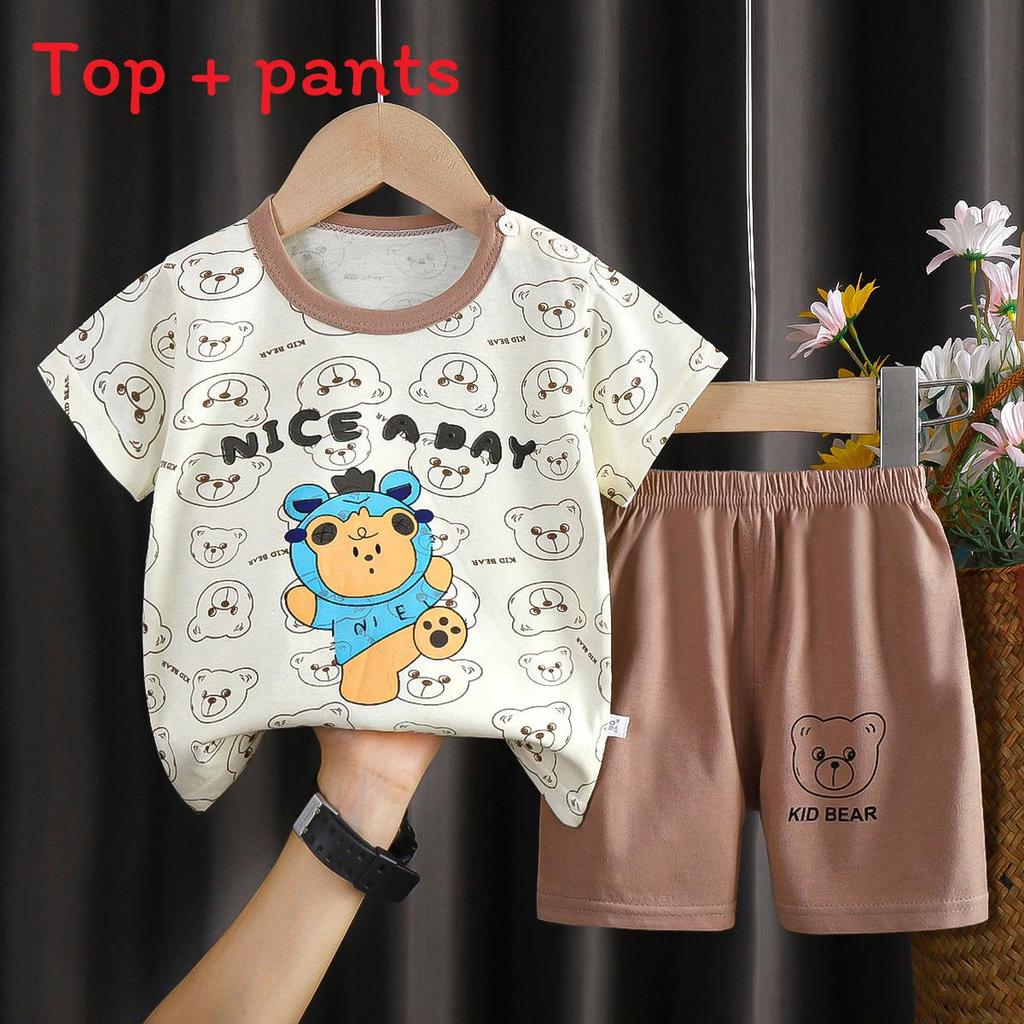 Summer Kids Toddler Short Sleeve Shorts Set With Cartoon Patterns For Boys And Girls